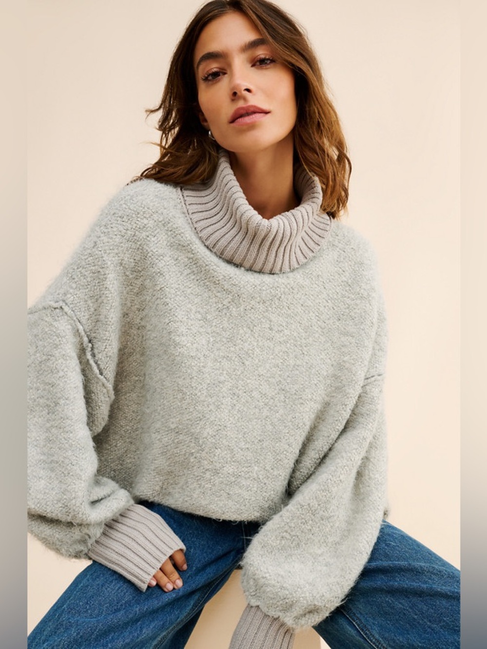Free People Milo Pullover Cowl Neck Sweater in Grey chunky knit oversized